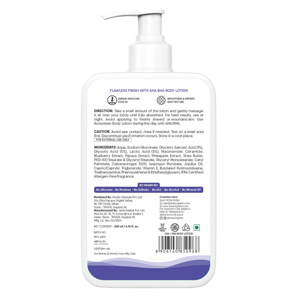 Aravi Organic 10% AHA + 1% BHA Body Lotion, Brightening, Tan Removal & Strawberry Skin For Dry Skin