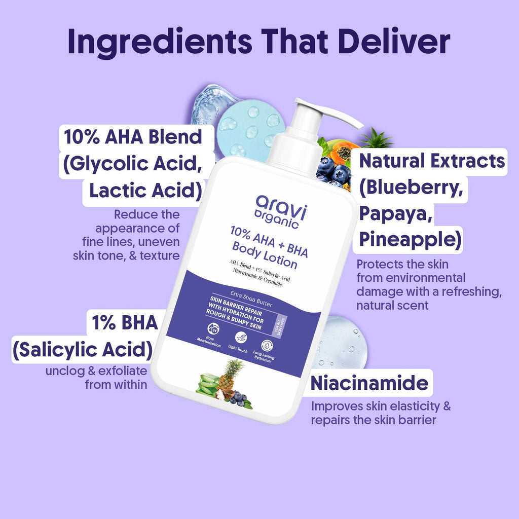 Aravi Organic 10% AHA + 1% BHA Body Lotion, Brightening, Tan Removal & Strawberry Skin For Dry Skin