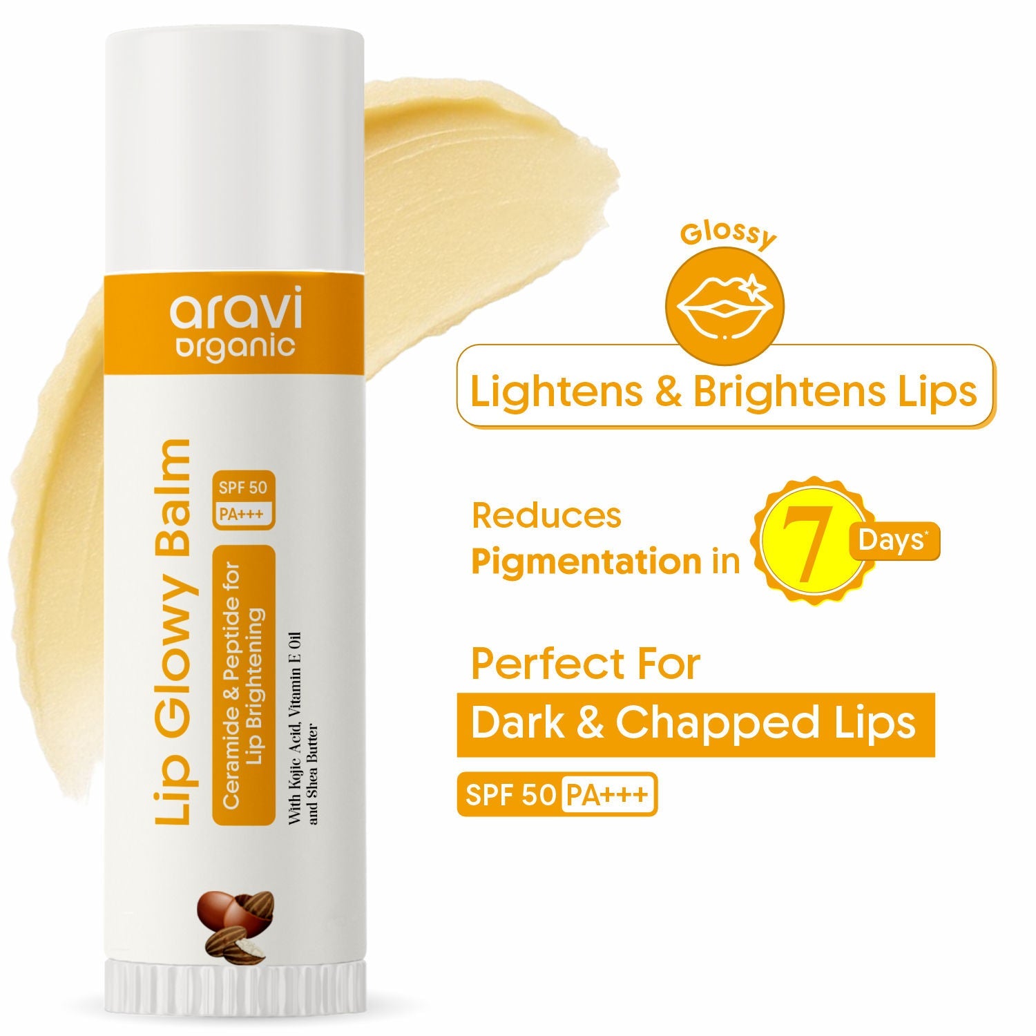 Aravi Organic Glowy Lip Balm SPF 50 PA++++, Dry & Dark Pigmented Lips, Kojic Acid & Ceramide