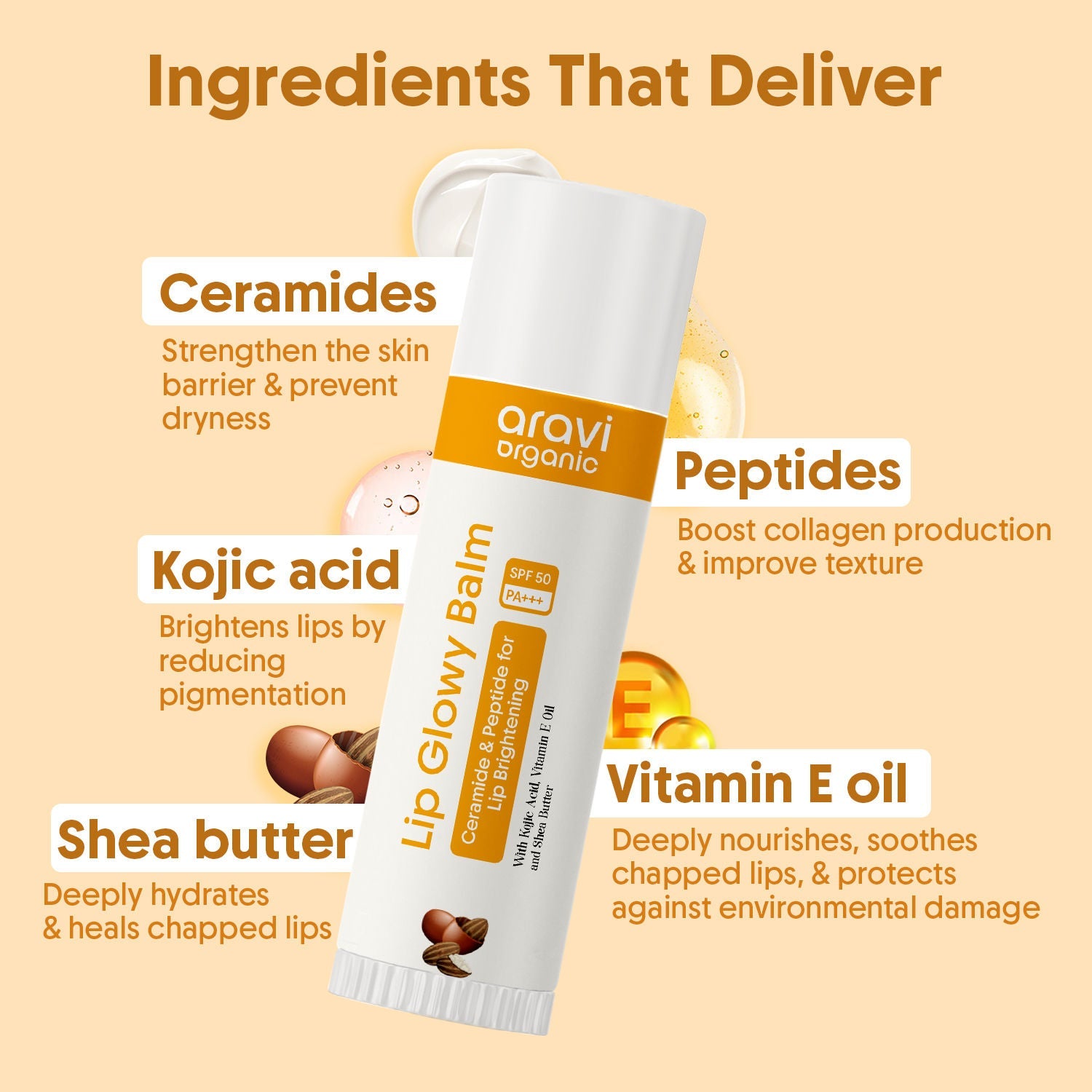 Aravi Organic Glowy Lip Balm SPF 50 PA++++, Dry & Dark Pigmented Lips, Kojic Acid & Ceramide