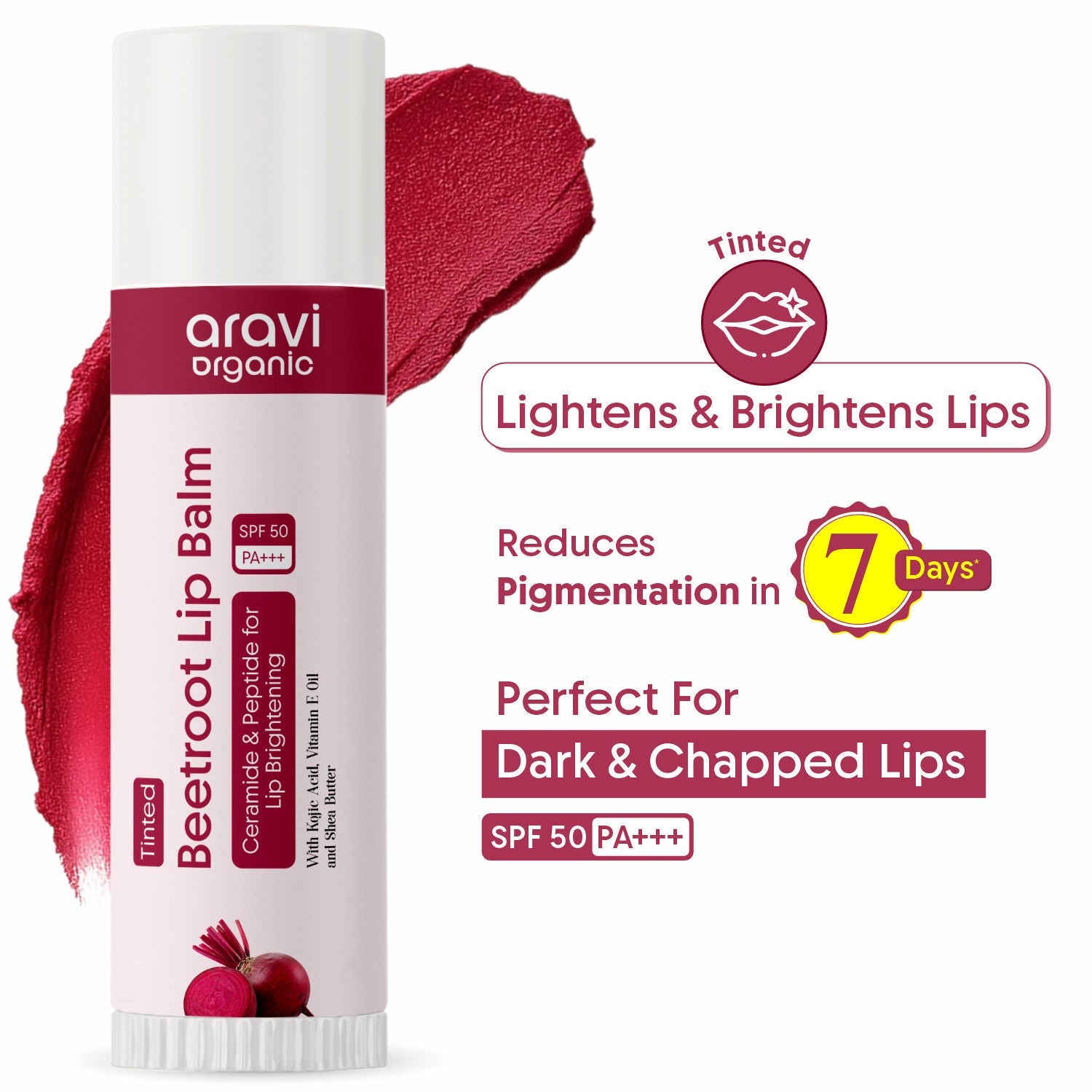 Aravi Organic Beetroot Tinted Lip Balm SPF 50 PA++++,Dry & Dark Pigmented Lips,Kojic Acid & Ceramide