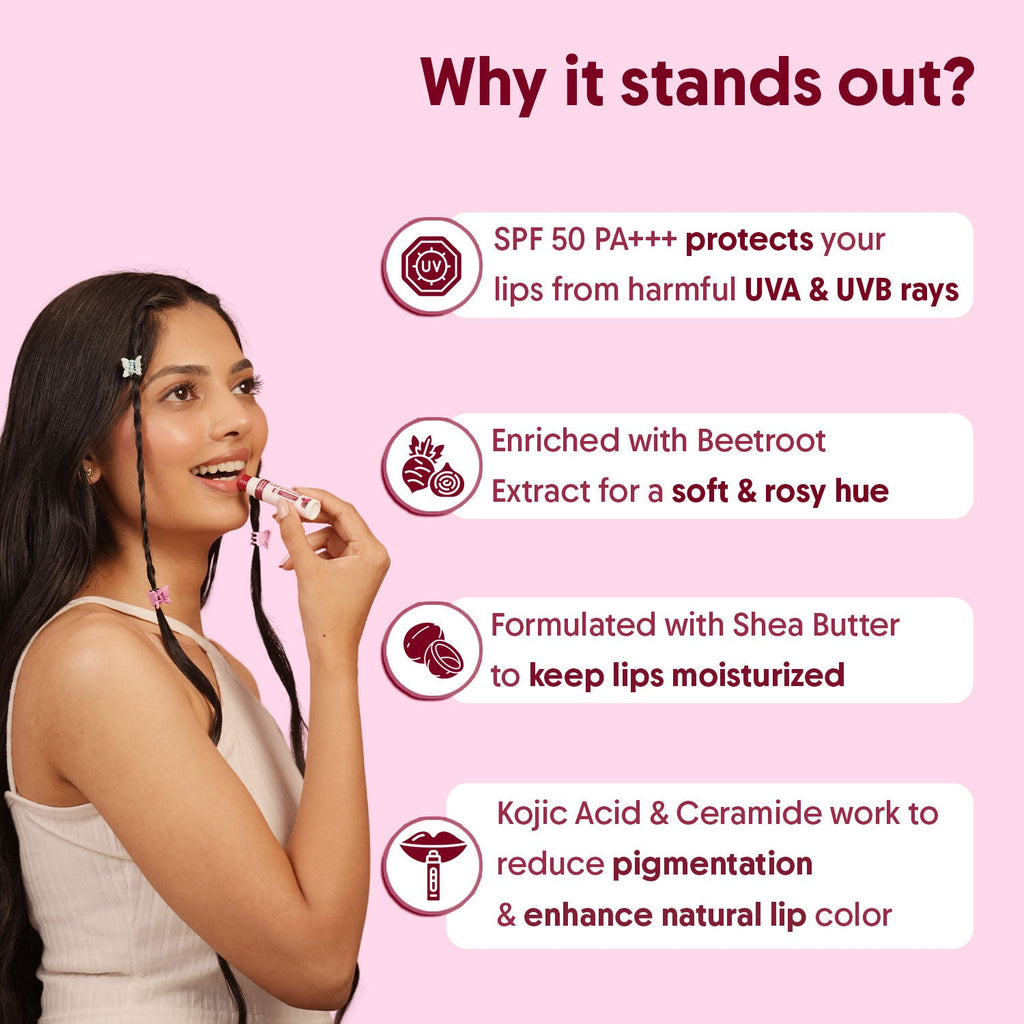 Aravi Organic Beetroot Tinted Lip Balm SPF 50 PA++++,Dry & Dark Pigmented Lips,Kojic Acid & Ceramide