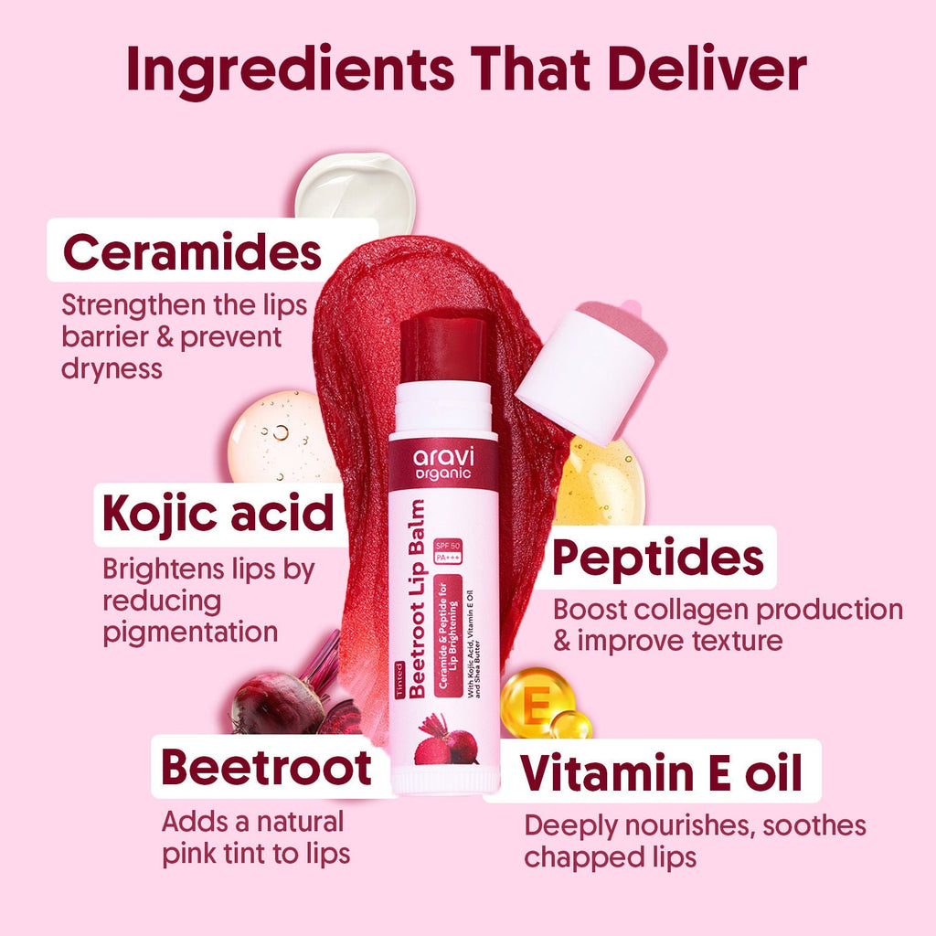 Aravi Organic Beetroot Tinted Lip Balm SPF 50 PA++++,Dry & Dark Pigmented Lips,Kojic Acid & Ceramide