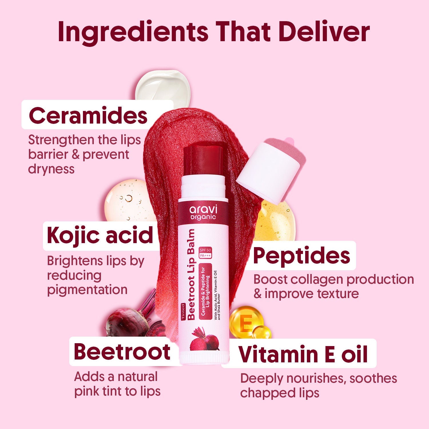 Aravi Organic Beetroot Tinted Lip Balm SPF 50 PA++++,Dry & Dark Pigmented Lips,Kojic Acid & Ceramide