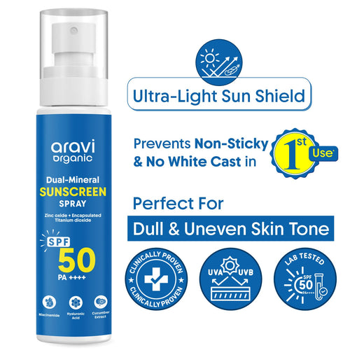 Aravi Organic Dual Mineral Sunscreen Spray SPF 50 PA++++, Hydrating For Body & Face, In-Vivo Tested