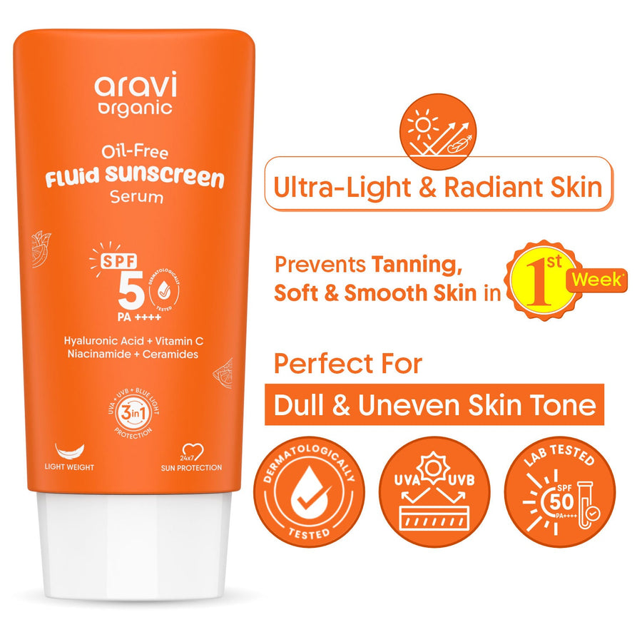Aravi Organic Oil-Free Fluid Face Sunscreen SPF 50 PA++++, In-Vivo Tested, For Oily & Dry Skin