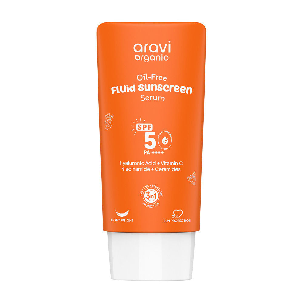 Aravi Organic Oil-Free Fluid Face Sunscreen SPF 50 PA++++, In-Vivo Tested, For Oily & Dry Skin