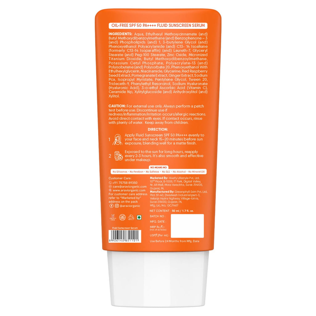 Aravi Organic Oil-Free Fluid Face Sunscreen SPF 50 PA++++, In-Vivo Tested, For Oily & Dry Skin