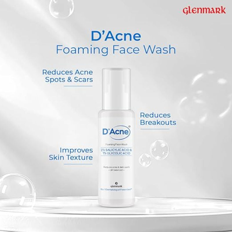D'Acne Foaming Face Wash, Visible Acne Reduction in 10 Days, 2% Salicylic Acid & 1% Glycolic Acid
