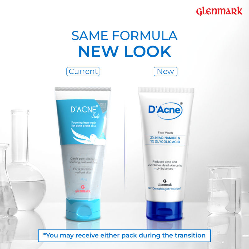 D'Acne Soft Face Wash, Visible Acne Reduction in 10 Days, 2% Niacinamide & 1% Glycolic Acid