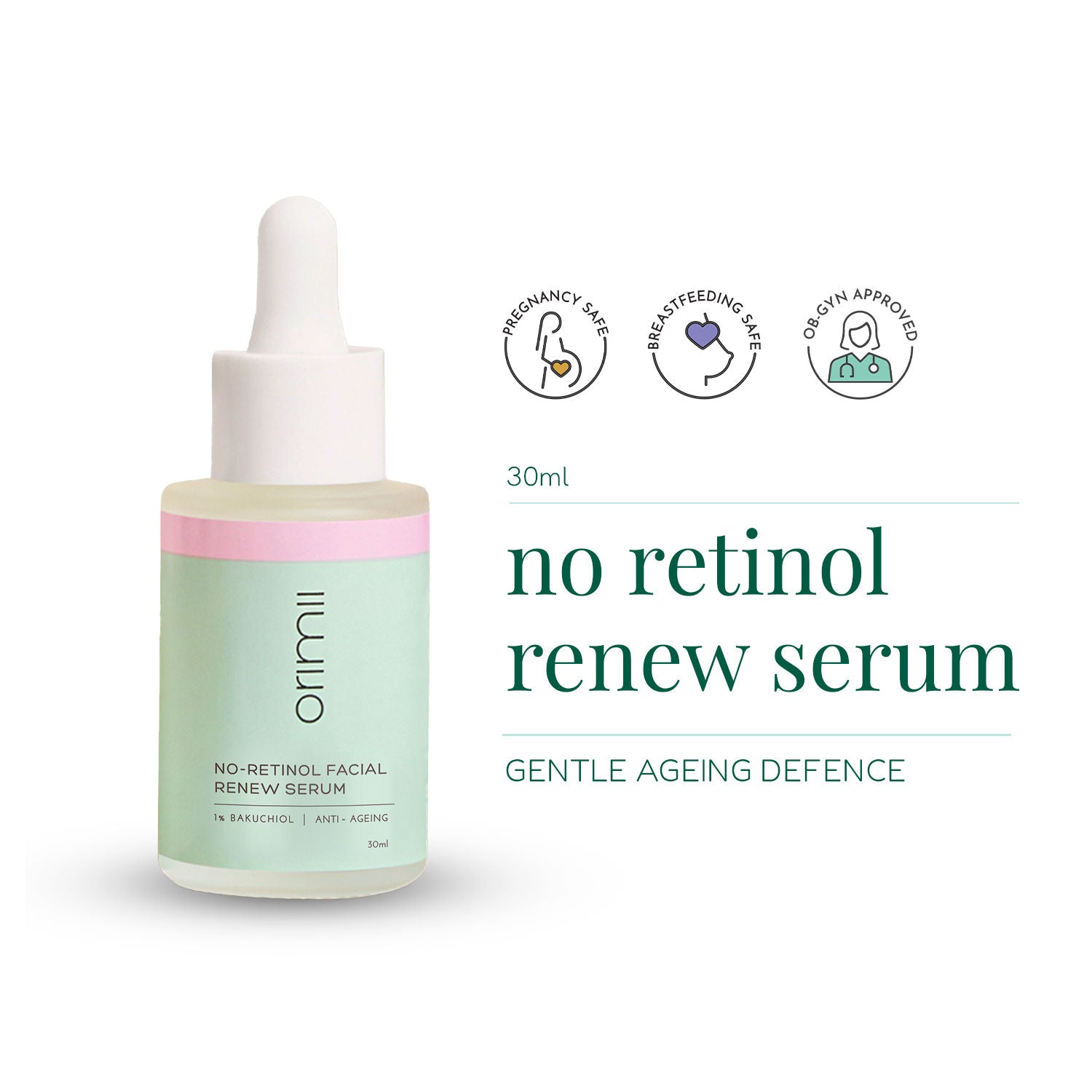 Orimii No Retinol Anti Ageing 1% Bakuchiol Face Serum - Non Comedogenic, Pregnancy Safe