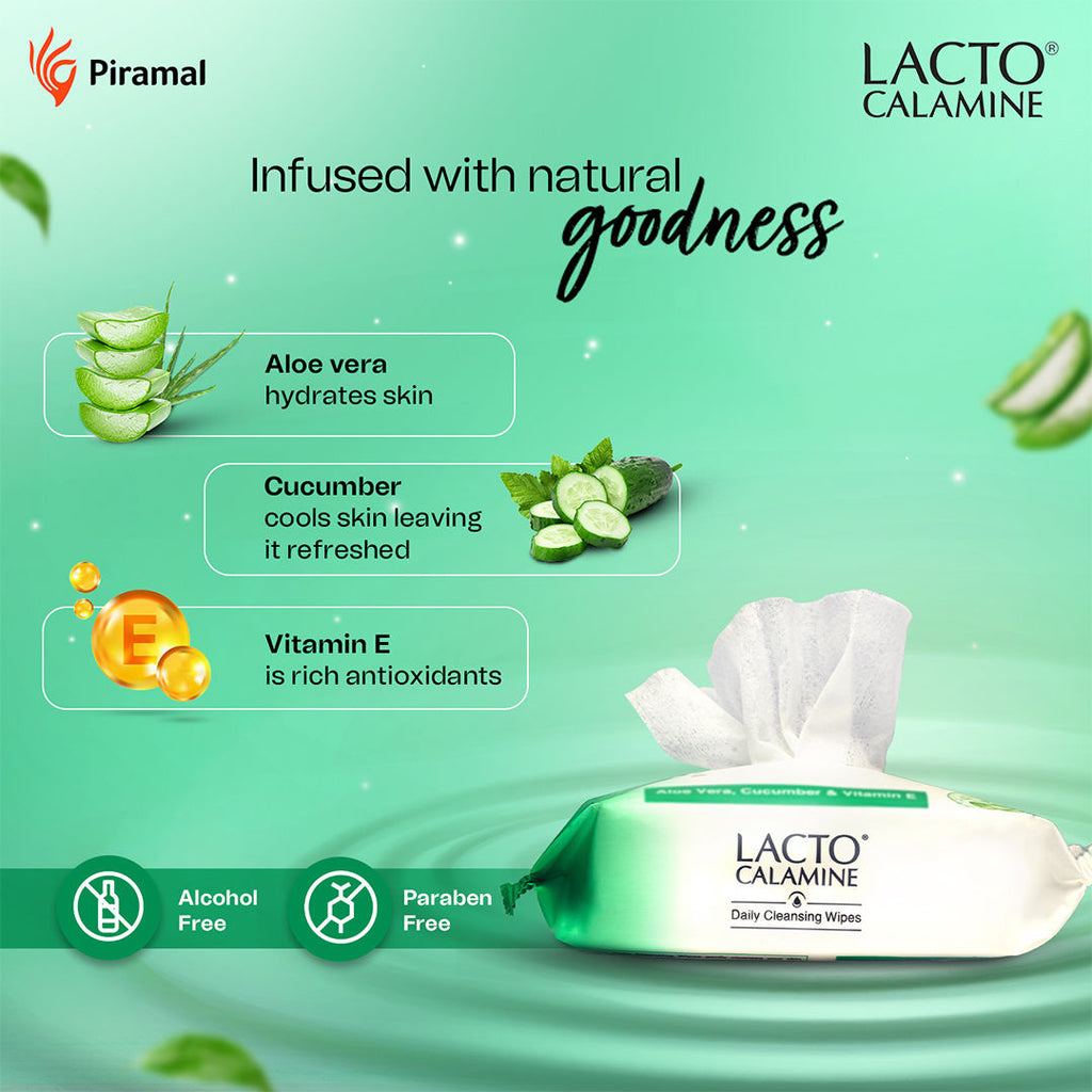 Lacto Calamine Daily Cleansing Face Wipes, Makeup Remover Wipes with Aloe Vera