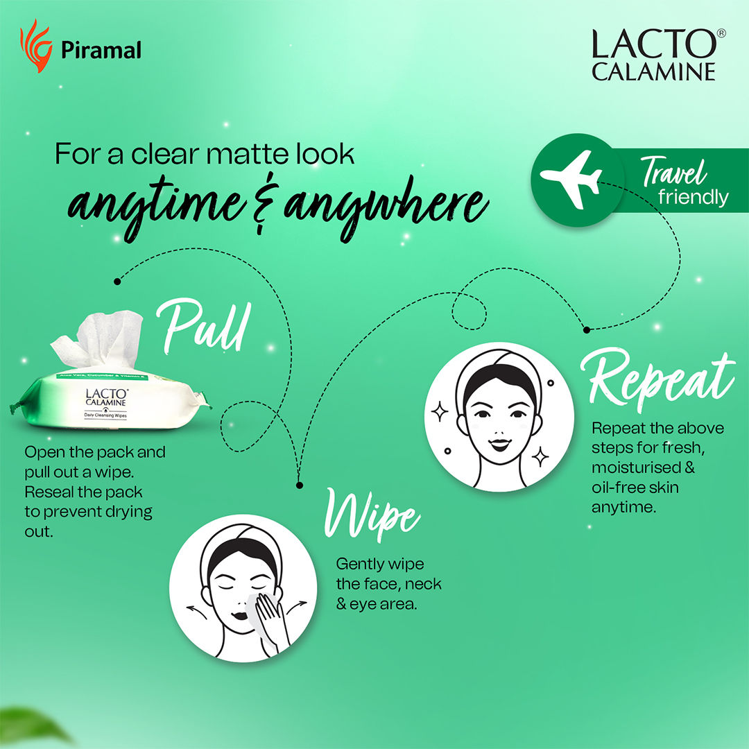 Lacto Calamine Daily Cleansing Face Wipes, Makeup Remover Wipes with Aloe Vera
