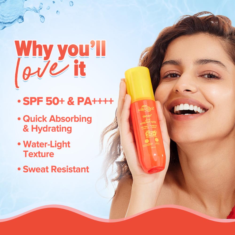 Aqualogica Detan+ Dewy Sunscreen Spray Spf 50+ Pa++++ Oxybenzone Free For All Skin Types