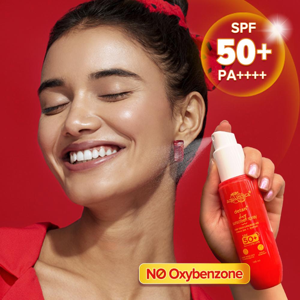 Aqualogica Detan+ Dewy Sunscreen Spray Spf 50+ Pa++++ Oxybenzone Free For All Skin Types