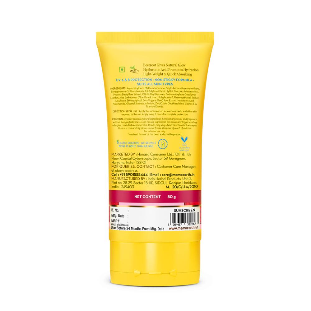 Mamaearth Beetroot Hydraful SPF 50 PA++++ Sunscreen With Hyaluronic Acid for Tan Protection
