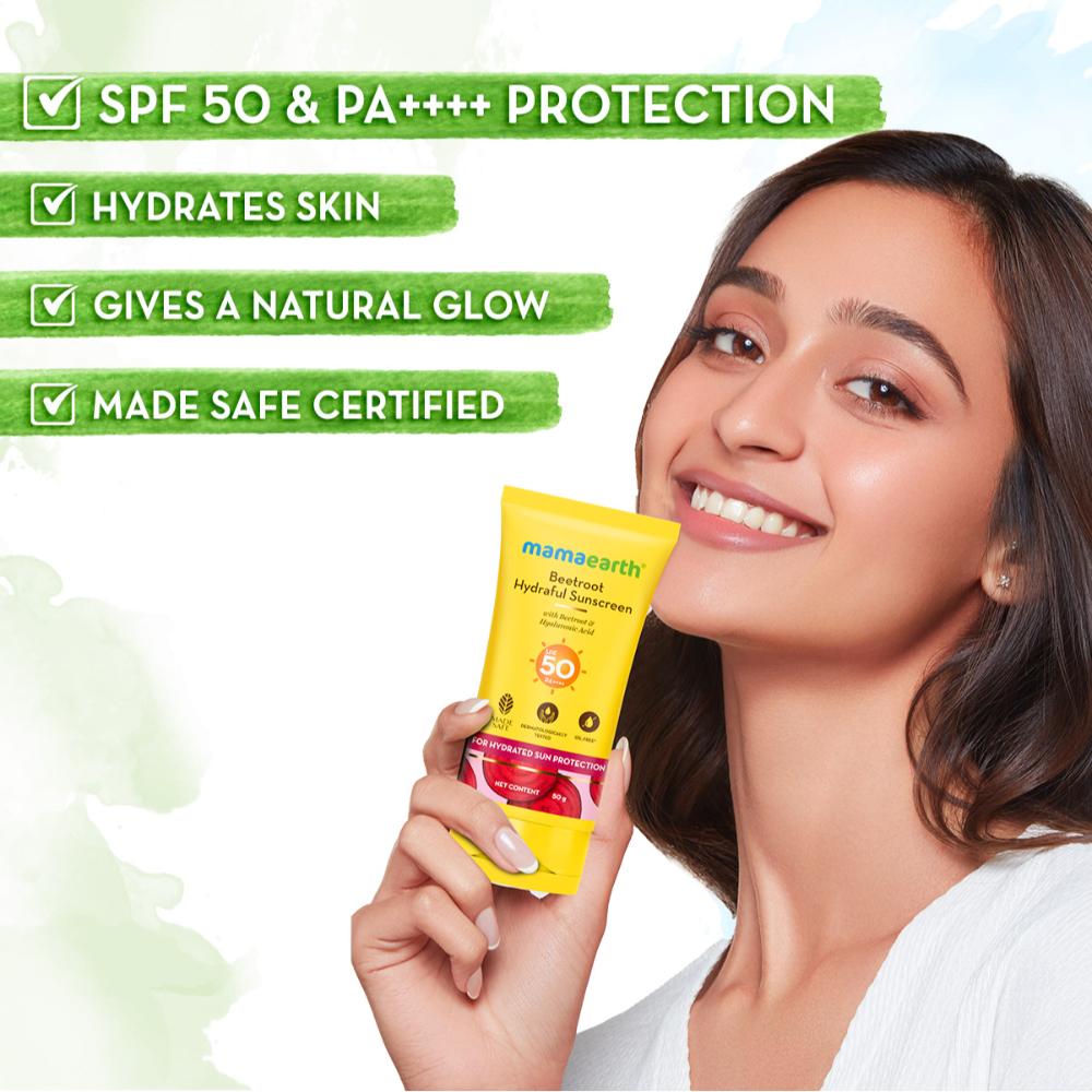 Mamaearth Beetroot Hydraful SPF 50 PA++++ Sunscreen With Hyaluronic Acid for Tan Protection