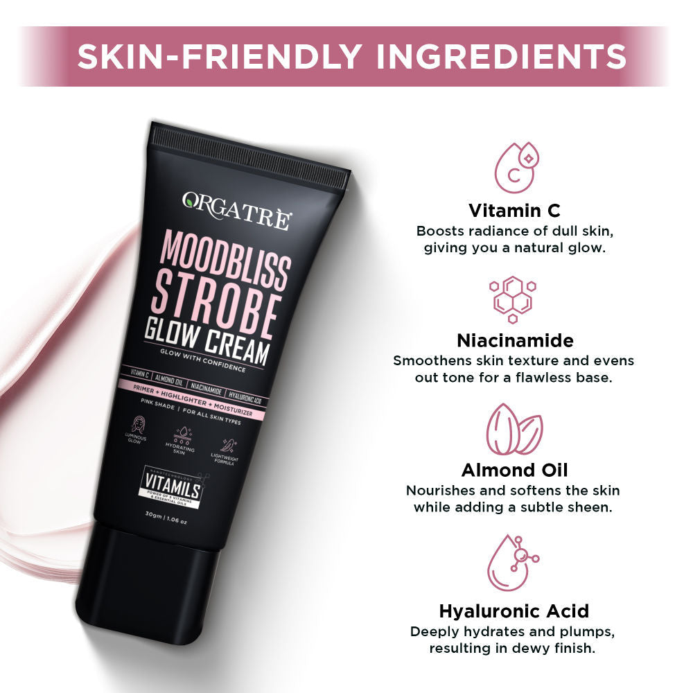 Orgatre Strobe Cream Pink - Instant Glow Highlighter, Primer & Moisturizer Makeup Finish Highlighter