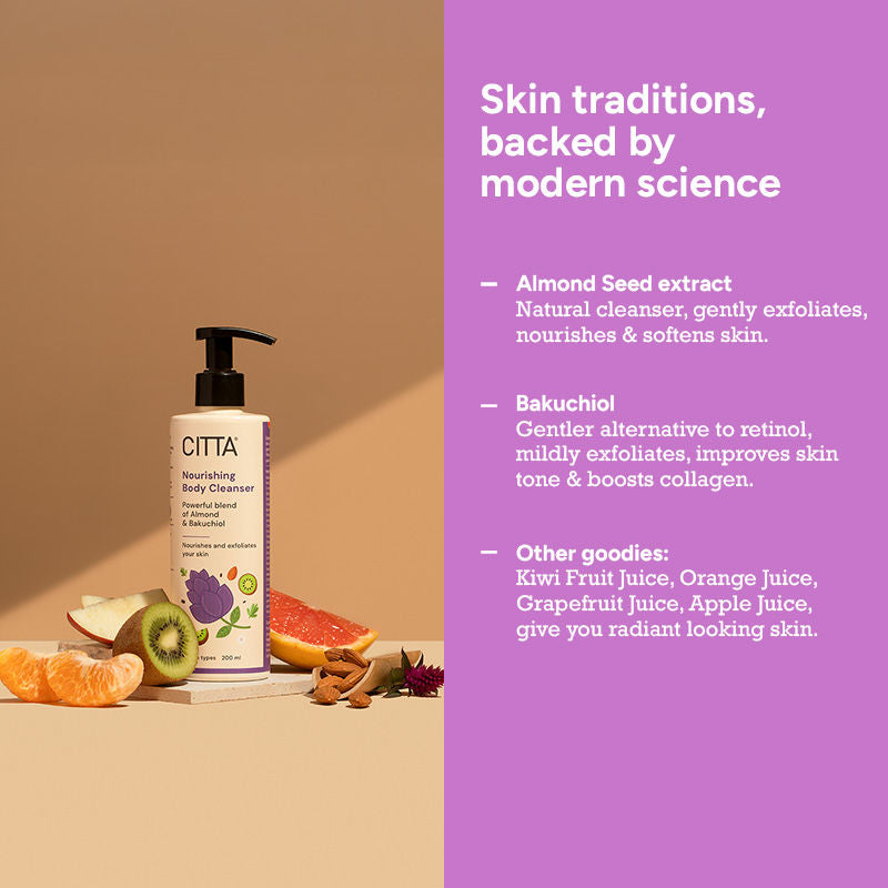 CITTA Nourishing Body Cleanser With Bakuchiol, Almond, Fruit extracts For Mild Daily Exfoliation