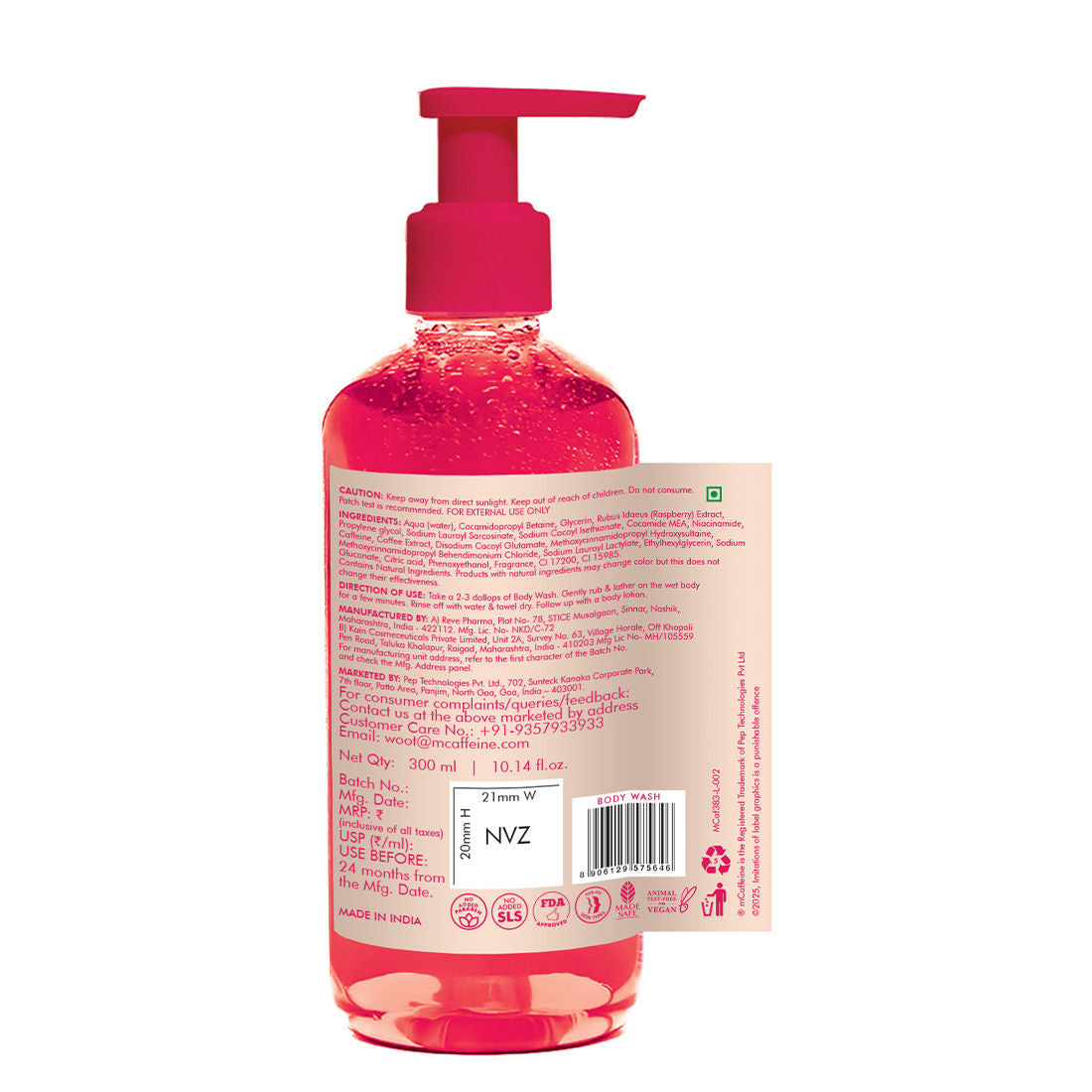 MCaffeine Brightening Body Wash 5% Niacinamide & Raspberry Boosts Glow, 5% Glycerine Softens Skin