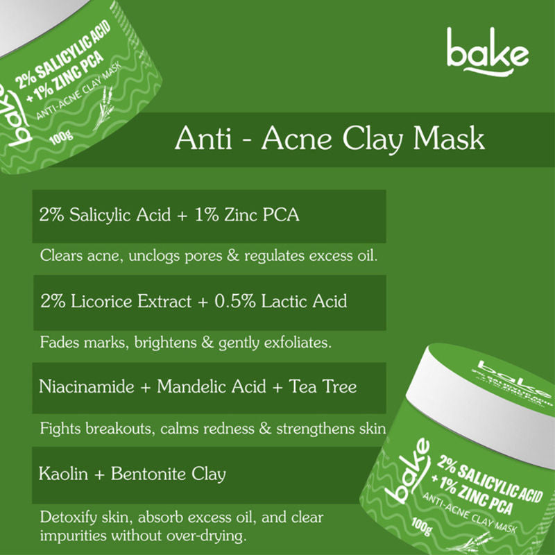 BAKE 2% Salicylic Acid + 1% Zinc PCA Clay Mask for Anti-Acne, Open Pores, and Blackheads
