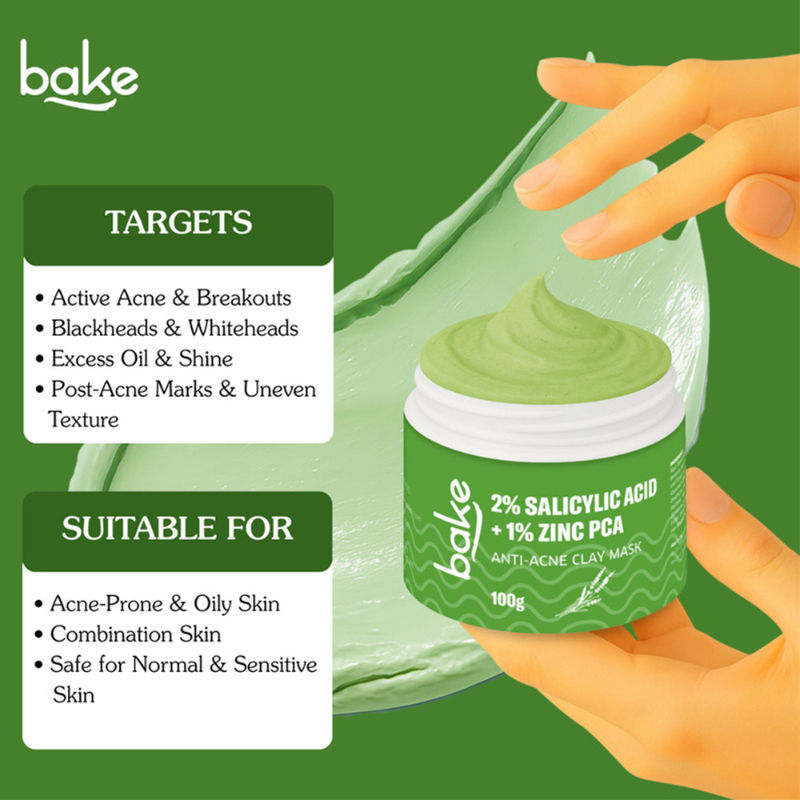 BAKE 2% Salicylic Acid + 1% Zinc PCA Clay Mask for Anti-Acne, Open Pores, and Blackheads