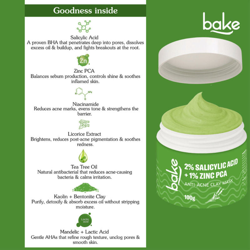 BAKE 2% Salicylic Acid + 1% Zinc PCA Clay Mask for Anti-Acne, Open Pores, and Blackheads