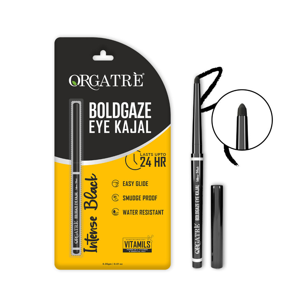 Orgatre Boldgaze Waterproof Kajal Pencil - Smudge-Proof, 24H Lasting, Easy Glide, Intense Black
