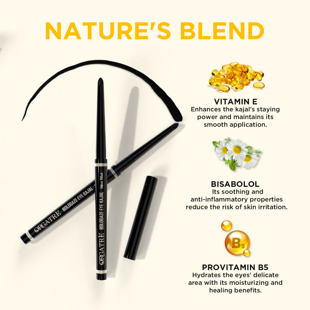 Orgatre Boldgaze Waterproof Kajal Pencil - Smudge-Proof, 24H Lasting, Easy Glide, Intense Black