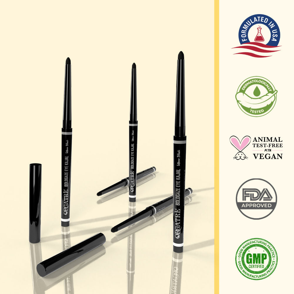 Orgatre Boldgaze Waterproof Kajal Pencil - Smudge-Proof, 24H Lasting, Easy Glide, Intense Black