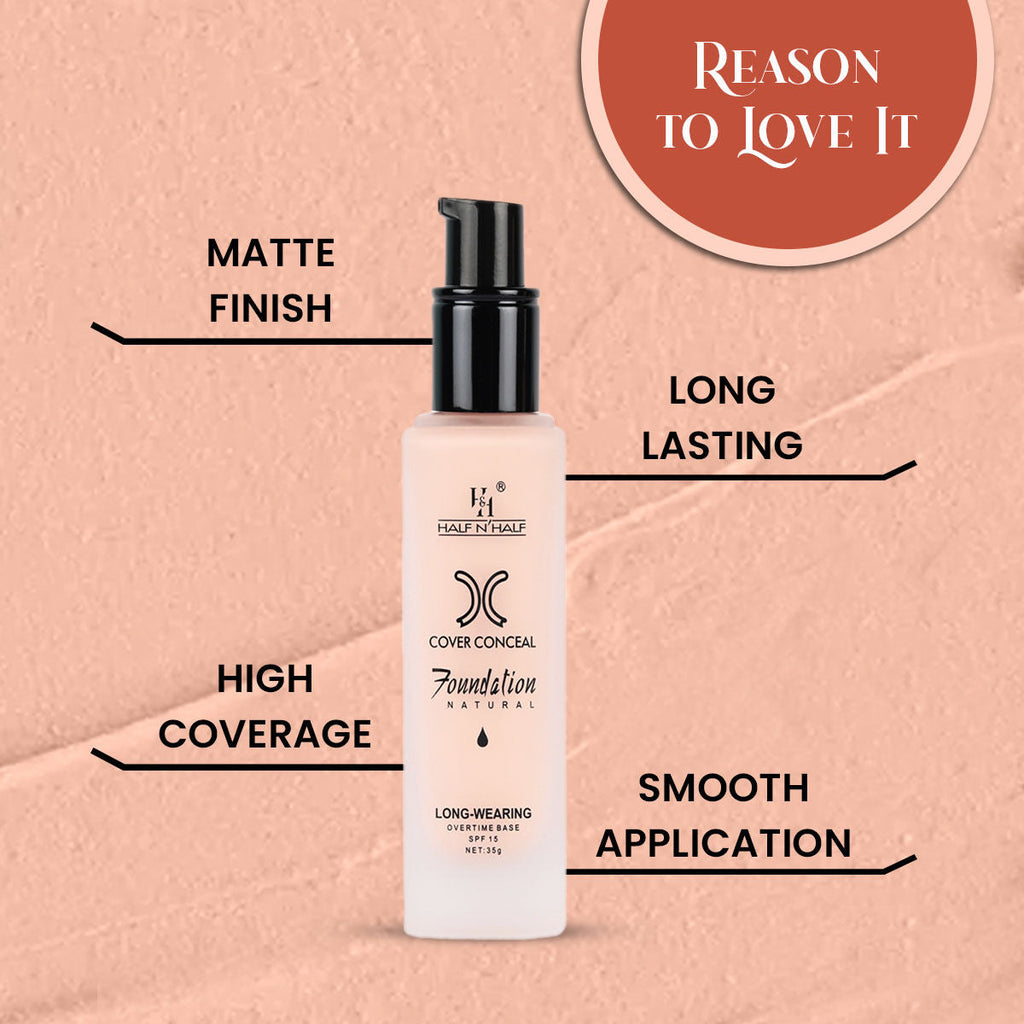 Half N Half Cover Concealer Foundation Natural Longwearing Overtime Base SPF 15