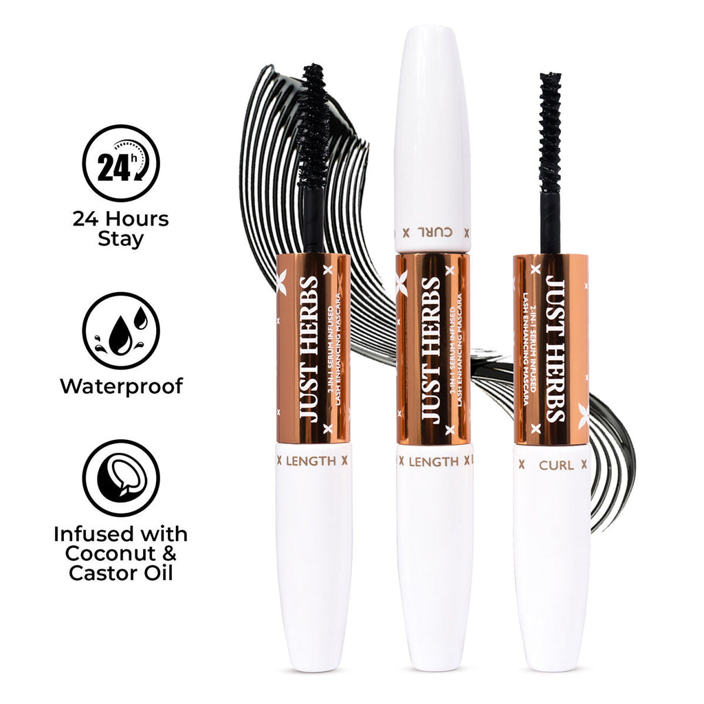 Just Herbs 2-in-1 Serum Infused Lash Enhancing Mascara with Castor Oil Volumizing & Curling - Black