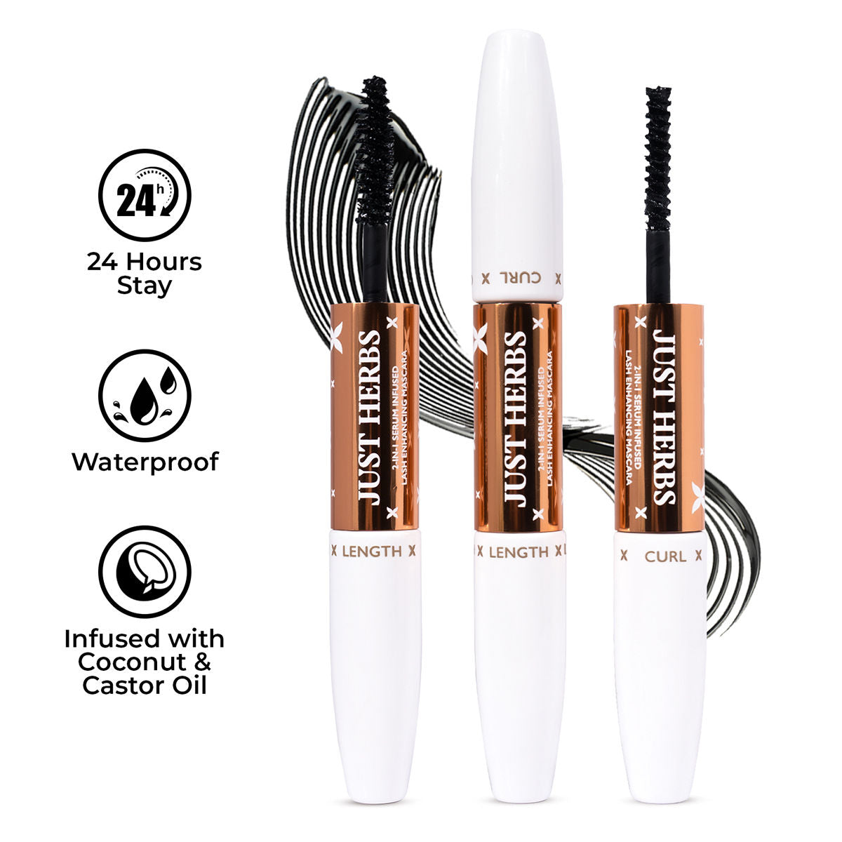 Just Herbs 2-in-1 Serum Infused Lash Enhancing Mascara with Castor Oil Volumizing & Curling - Black