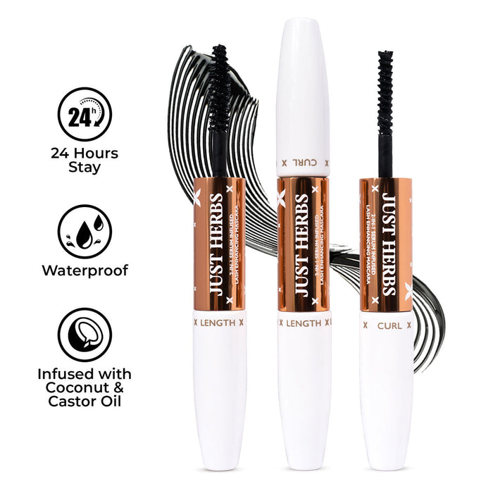 Just Herbs 2-in-1 Serum Infused Lash Enhancing Mascara with Castor Oil Volumizing & Curling - Black