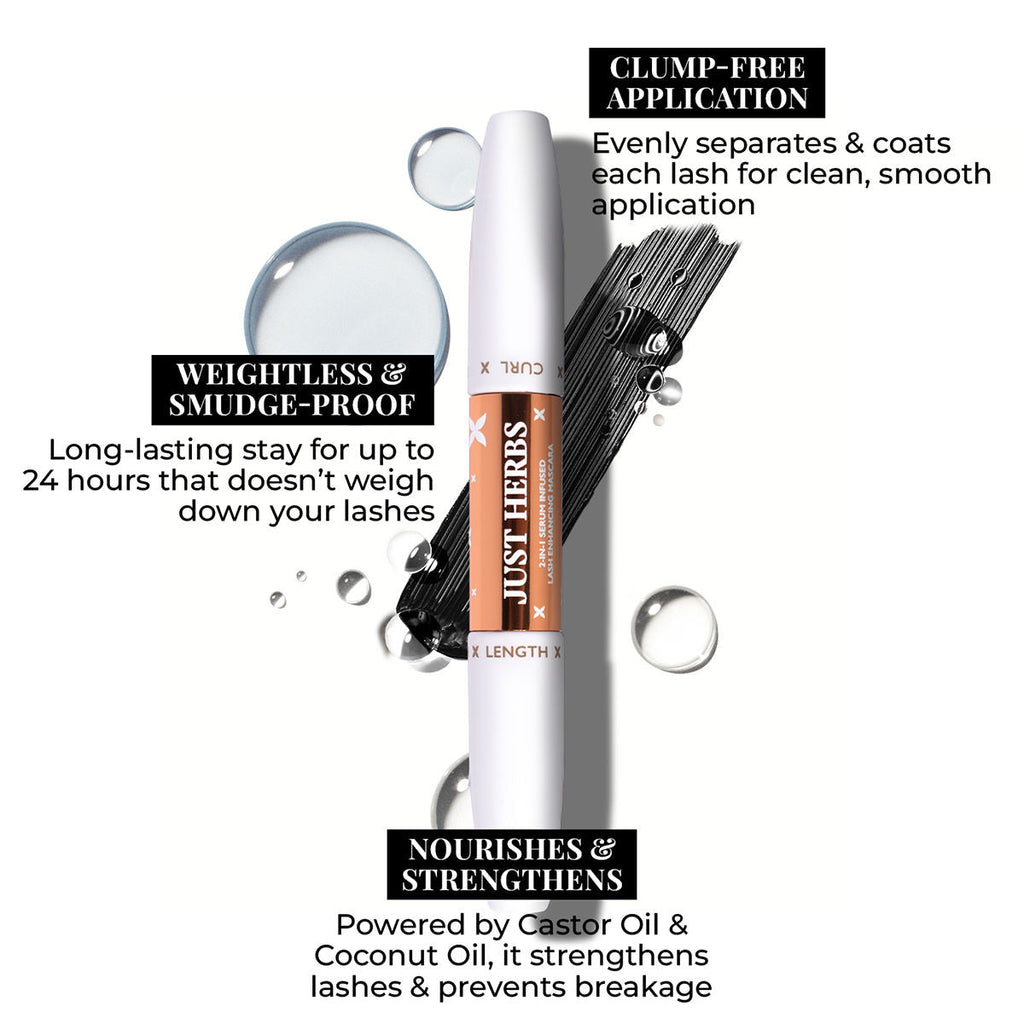 Just Herbs 2-in-1 Serum Infused Lash Enhancing Mascara with Castor Oil Volumizing & Curling - Black