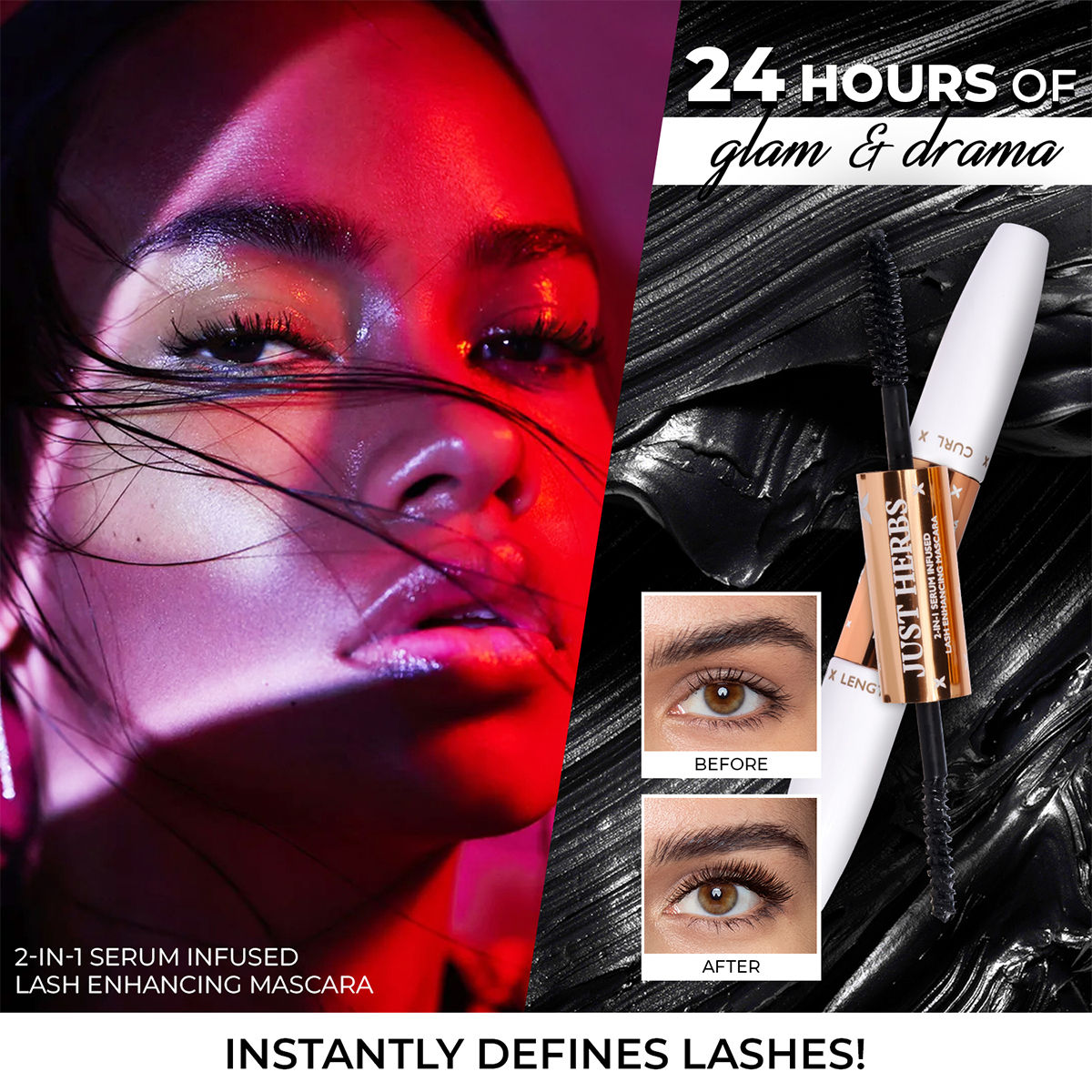 Just Herbs 2-in-1 Serum Infused Lash Enhancing Mascara with Castor Oil Volumizing & Curling - Black