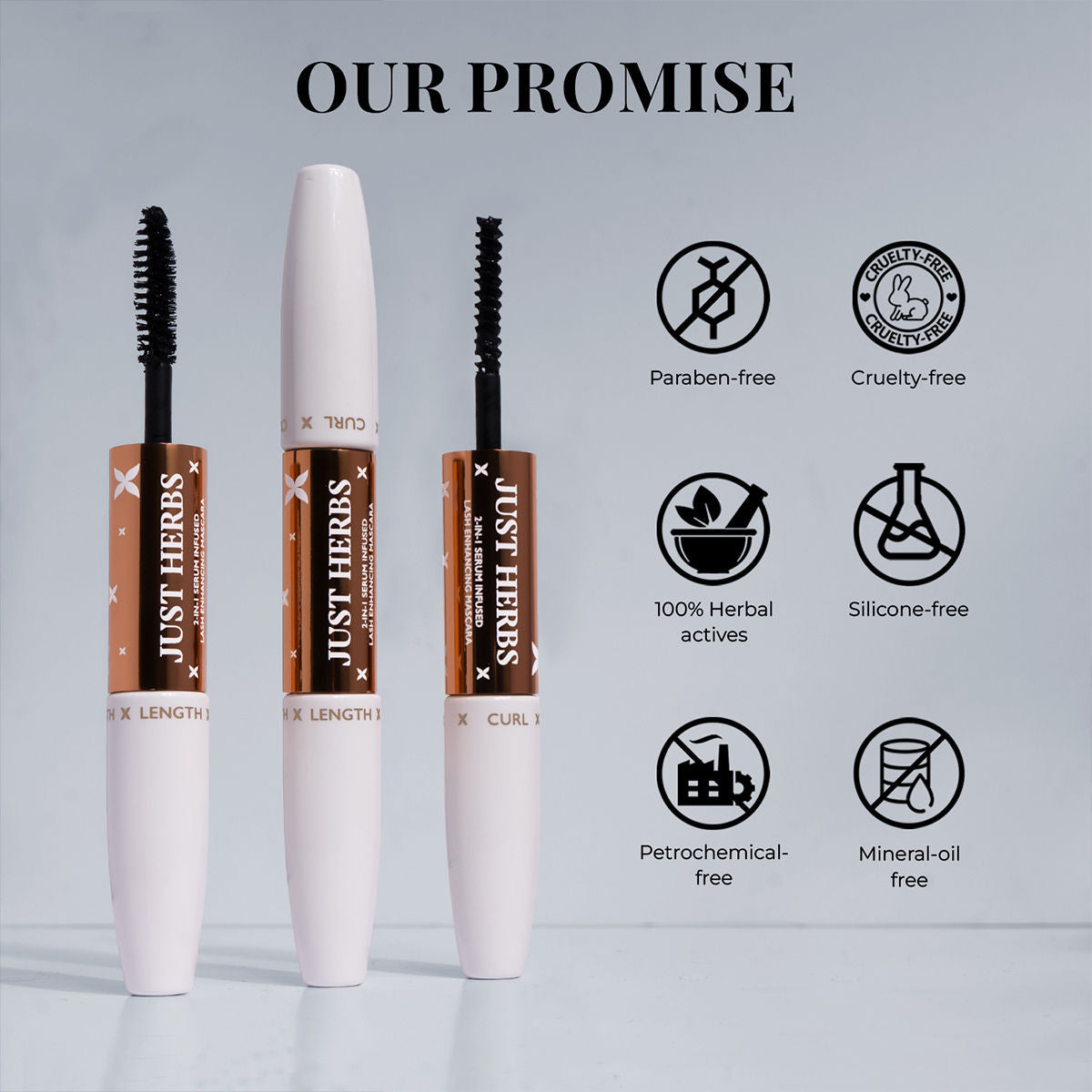 Just Herbs 2-in-1 Serum Infused Lash Enhancing Mascara with Castor Oil Volumizing & Curling - Black