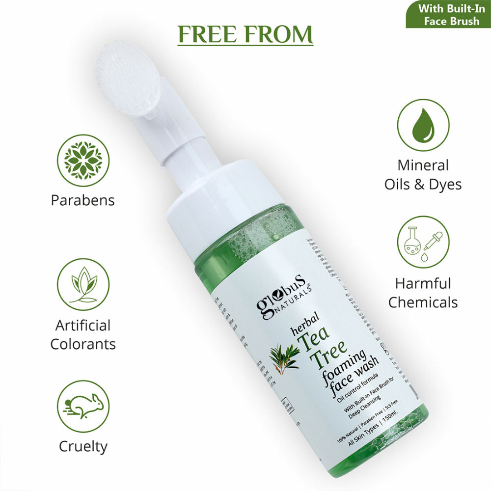 Globus Naturals Herbal Tea Tree Acne Control Foaming Face Wash with Silicon Face Massage Brush