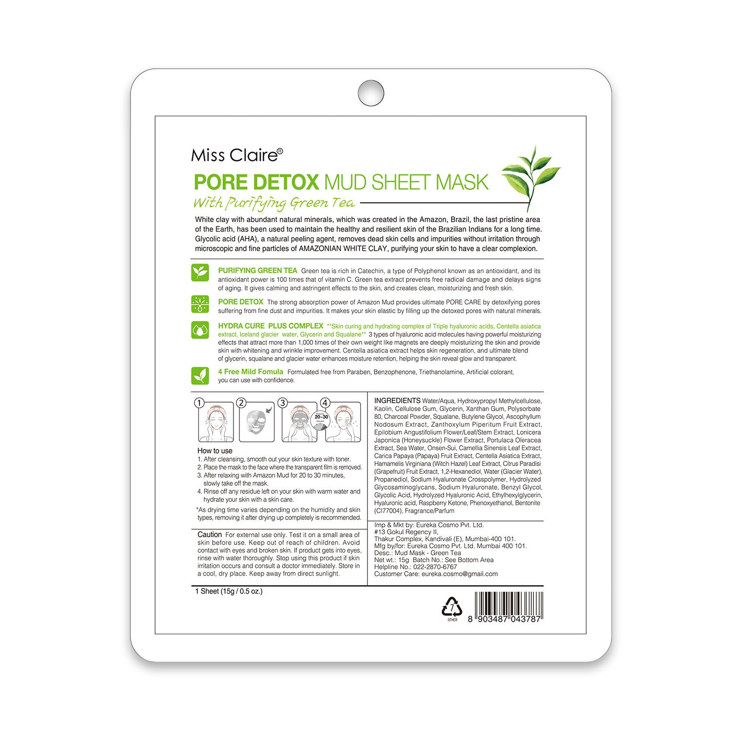 Miss Claire Pore Detox Mud Sheet Mask With Purifying Green Tea