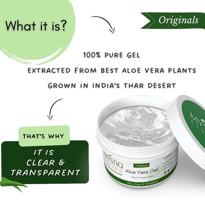Mystiq Living Aloe Vera Gel for Face, Hair & Skin, 100% Pure and Organic| Best for Dry Skin