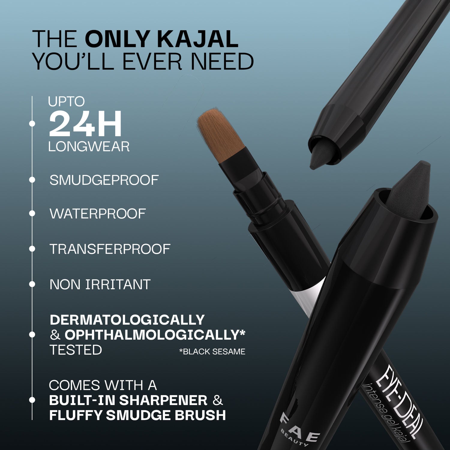 FAE Beauty Eye-Deal Kajal - 24Hr Waterproof, Smudge-Proof with in-built Sharpener
