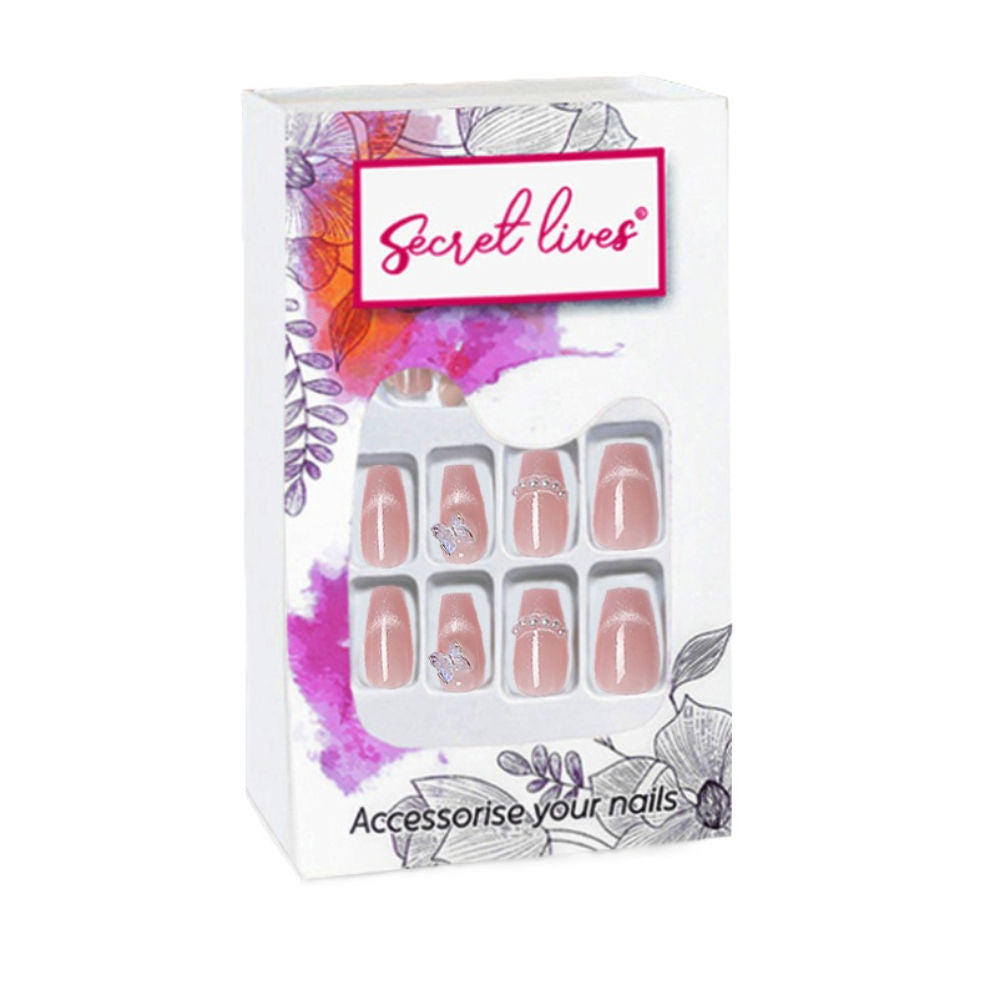 Secret Lives Cats Eye 3D Butterfly & Pearls with Translucent Pink Color Press On Nails