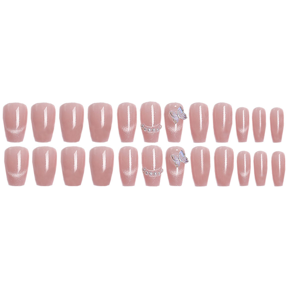 Secret Lives Cats Eye 3D Butterfly & Pearls with Translucent Pink Color Press On Nails