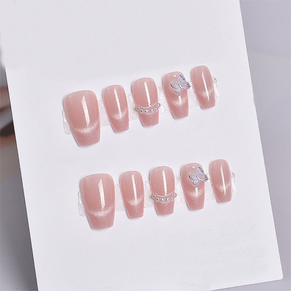 Secret Lives Cats Eye 3D Butterfly & Pearls with Translucent Pink Color Press On Nails