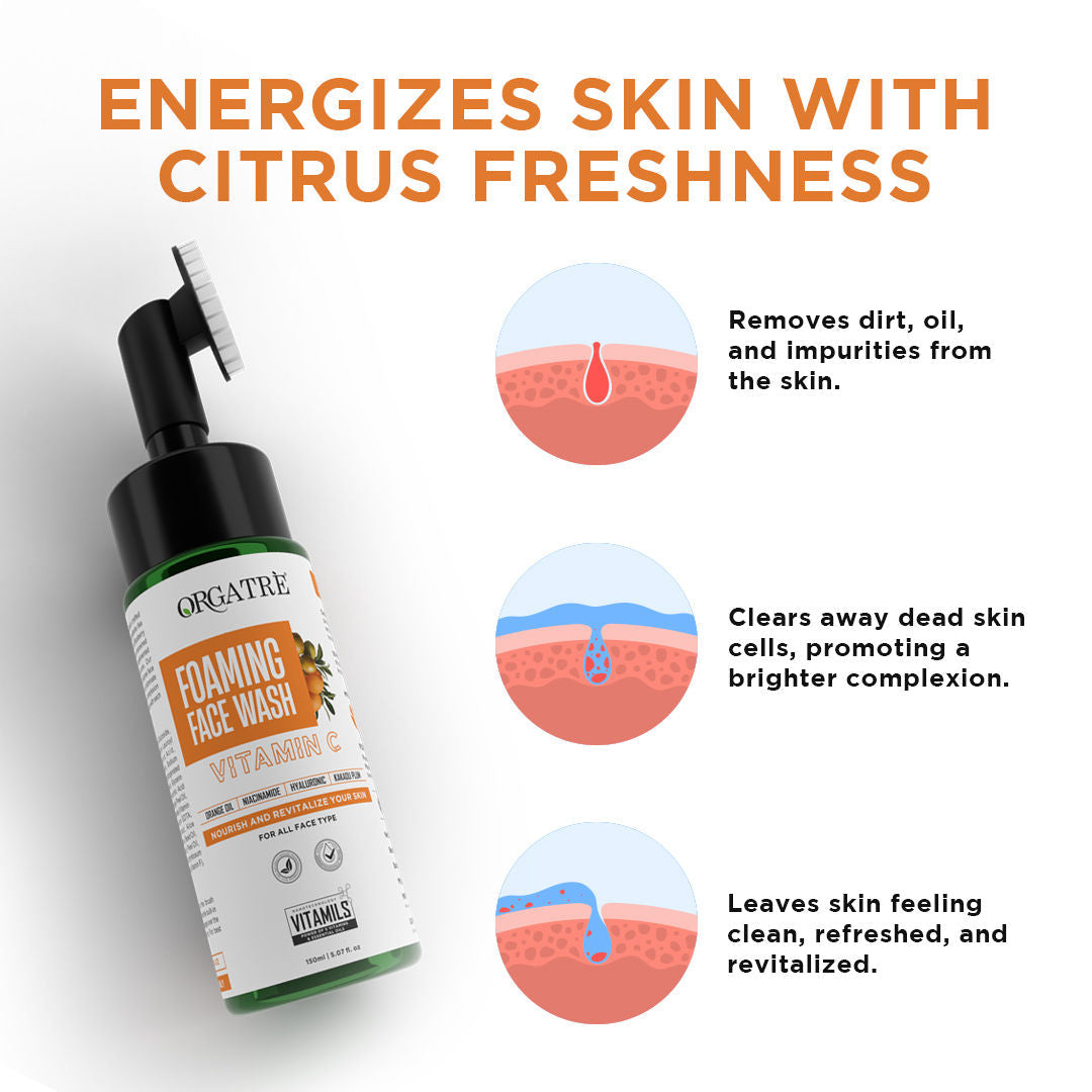 Orgatre Niacinamide & Vitamin C Foaming Face Wash With Built-In Silicon Brush For Acne-Prone Skin