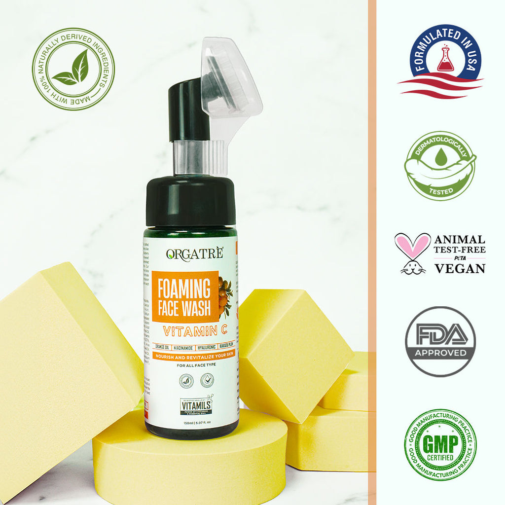 Orgatre Niacinamide & Vitamin C Foaming Face Wash With Built-In Silicon Brush For Acne-Prone Skin