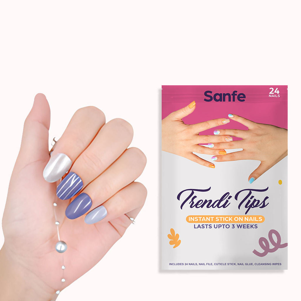 Sanfe Instant Stick On Nails - Purple Chrome 24 Reusable Artificial Fake Nails Light Salon Look