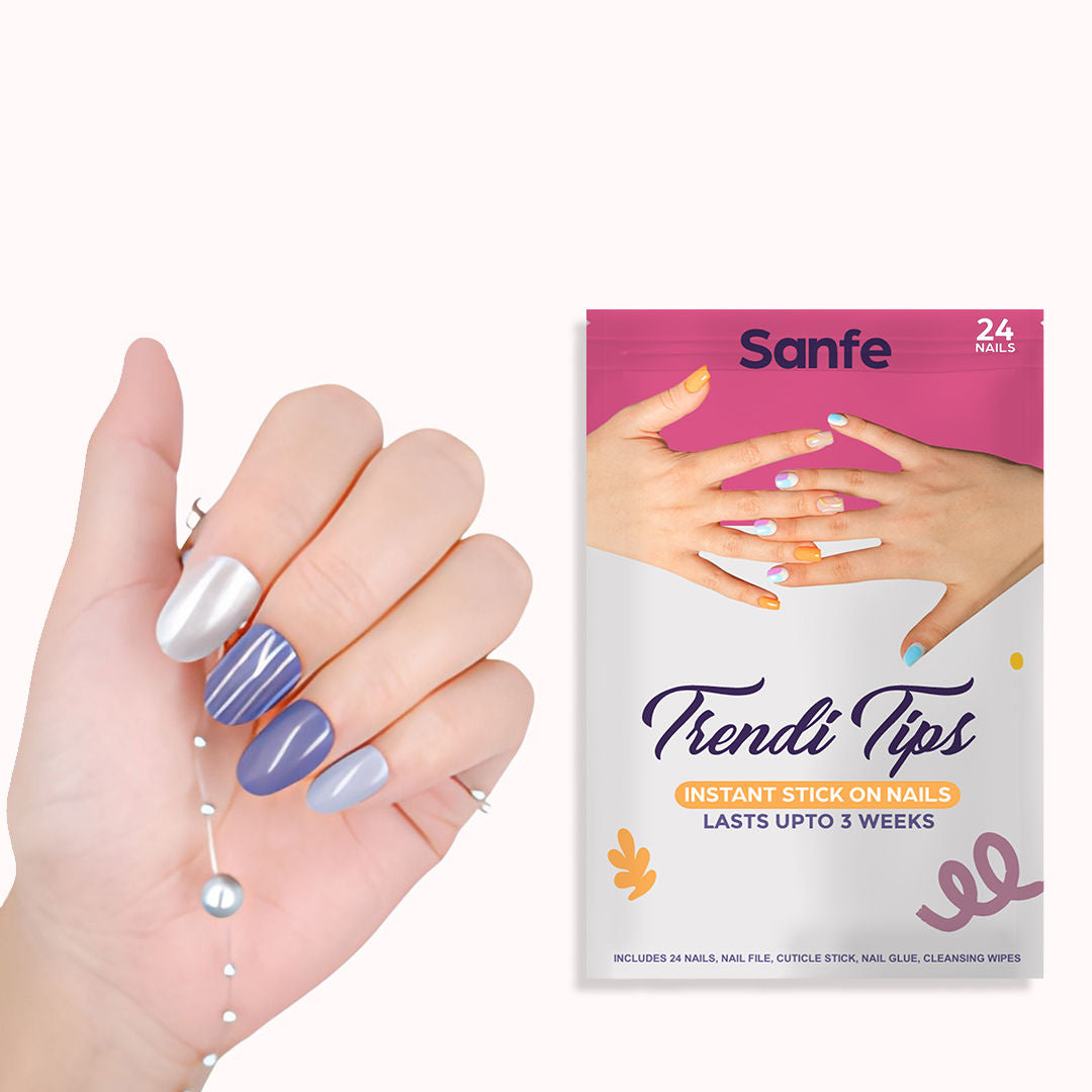 Sanfe Instant Stick On Nails - Purple Chrome 24 Reusable Artificial Fake Nails Light Salon Look