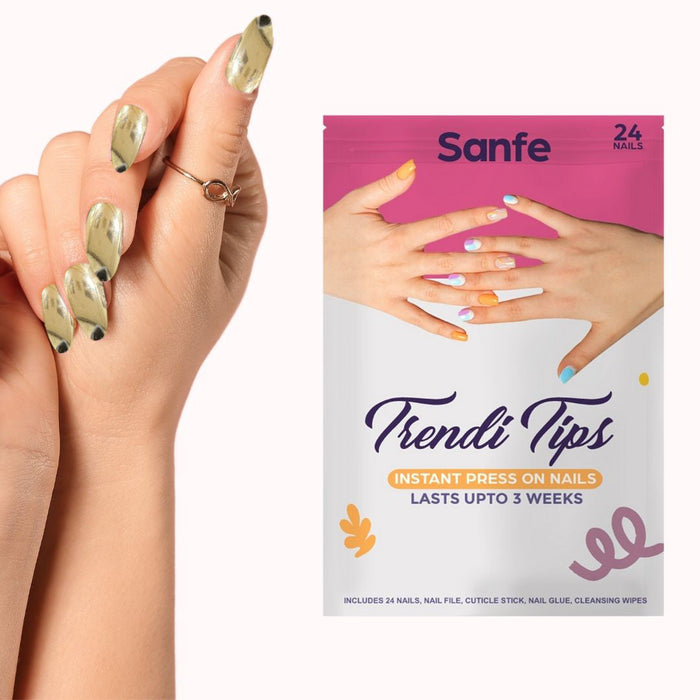 Sanfe Instant Stick On Nails - Golden Chrome 24 Reusable Artificial Fake Nails Light Salon Look