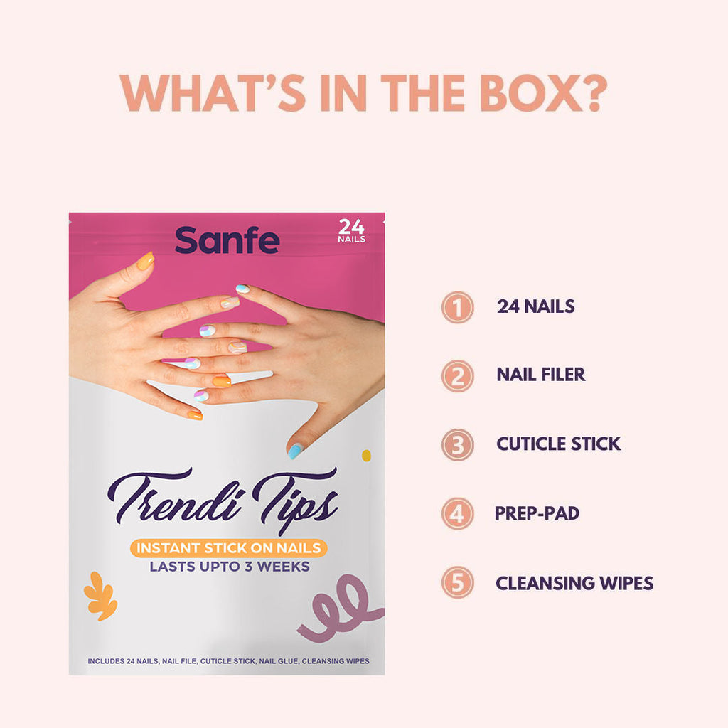 Sanfe Instant Stick On Nails - Golden Chrome 24 Reusable Artificial Fake Nails Light Salon Look